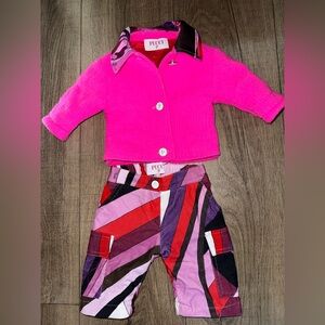 Emilio Pucci Girls Hot Pink Jacket and Multicolor Striped Pants Set